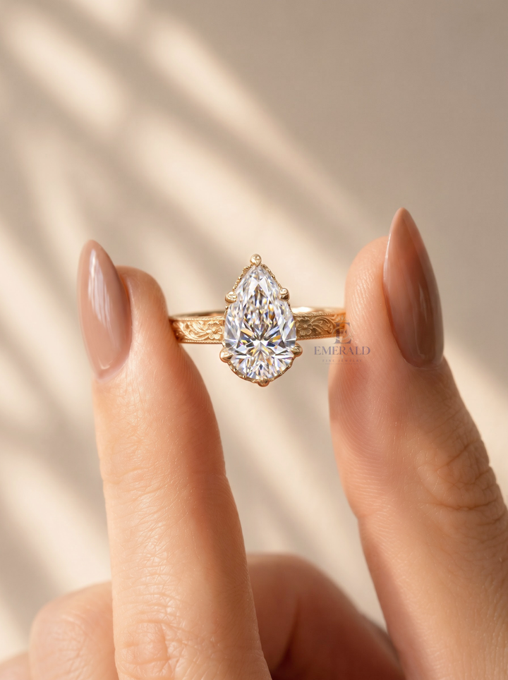 3.0CT Pear Cut Lab Grown Diamond Vintage Floral Engraved Prong Set Engagement Ring