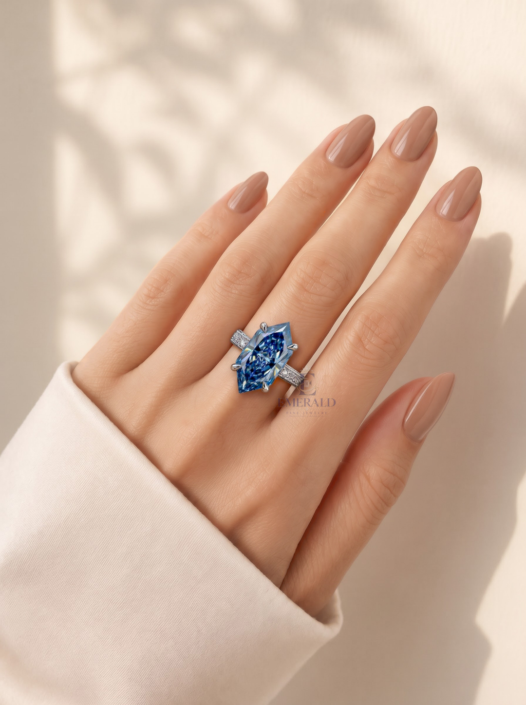 3.0CT Blue Hexagon Lab Grown Diamond Vintage Engraved Engagement Ring