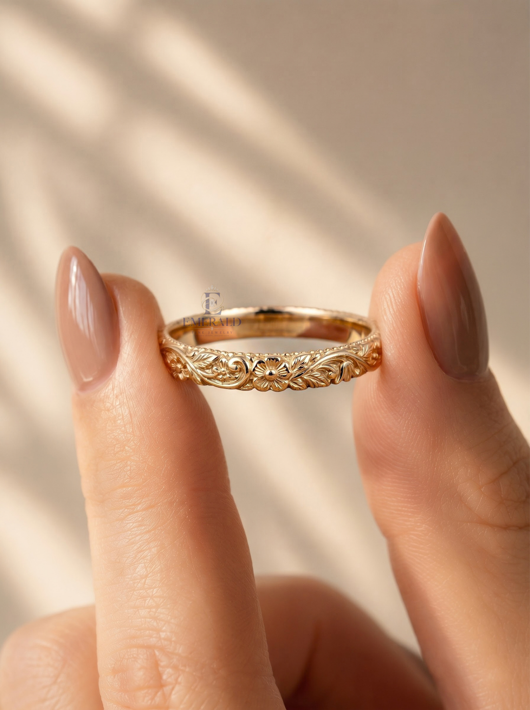 Vintage Floral Engraved Milgrain Gold Wedding Anniversary Band