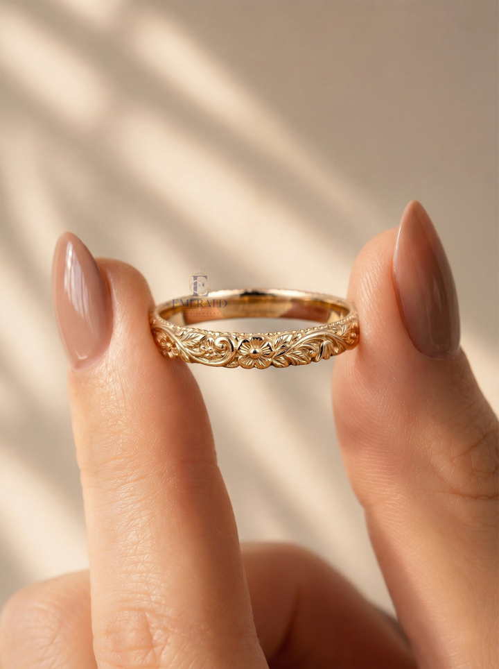 Vintage Floral Engraved Milgrain Gold Wedding Anniversary Band