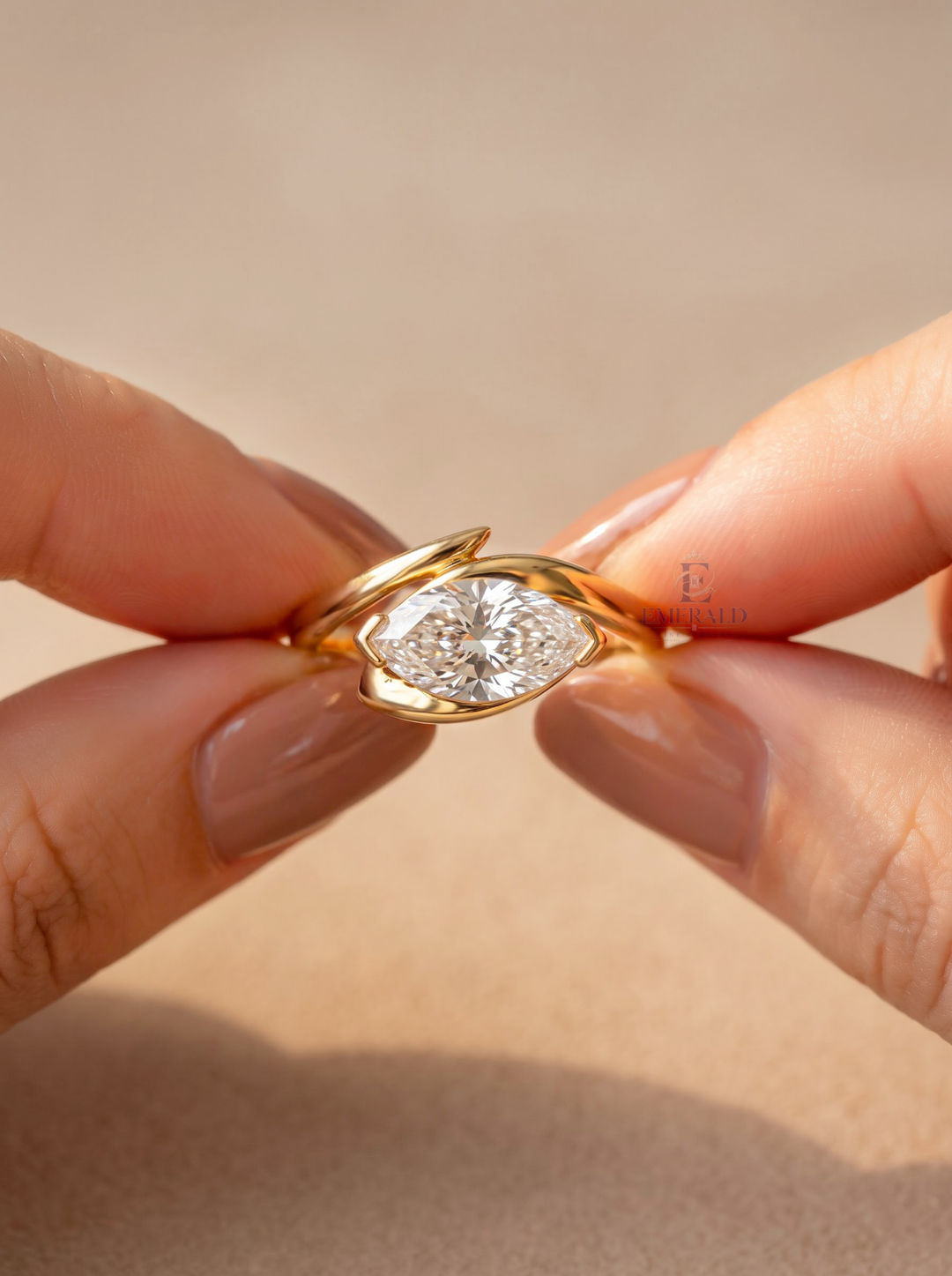 East West Marquise Cut Lab Grown Diamond Unique Bypass Engagement Ring