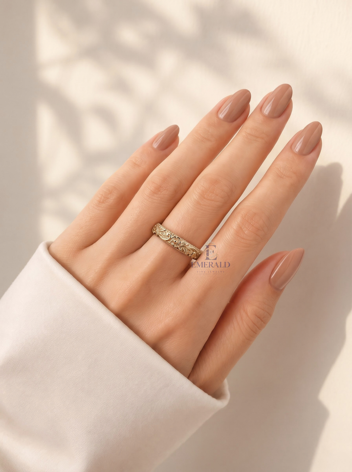 Vintage Floral Engraved Milgrain Gold Wedding Anniversary Band