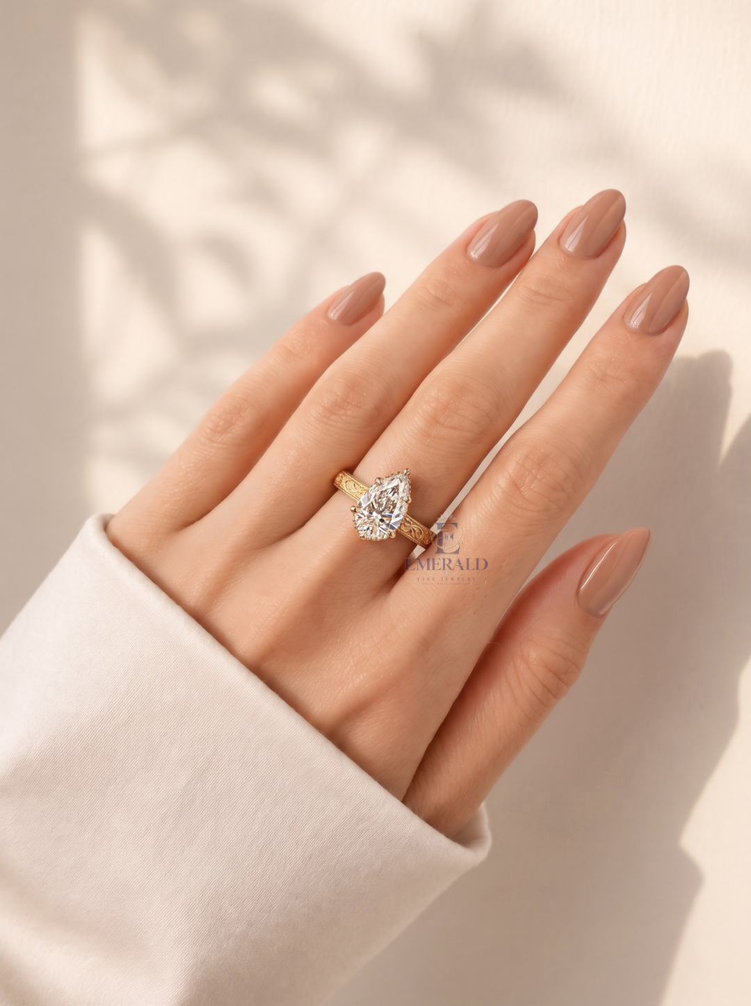 3.0CT Pear Cut Lab Grown Diamond Vintage Floral Engraved Prong Set Engagement Ring