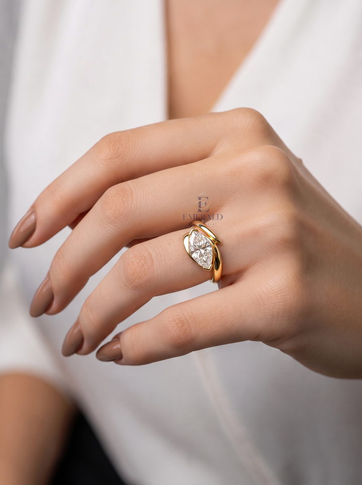 East West Marquise Cut Lab Grown Diamond Unique Bypass Engagement Ring