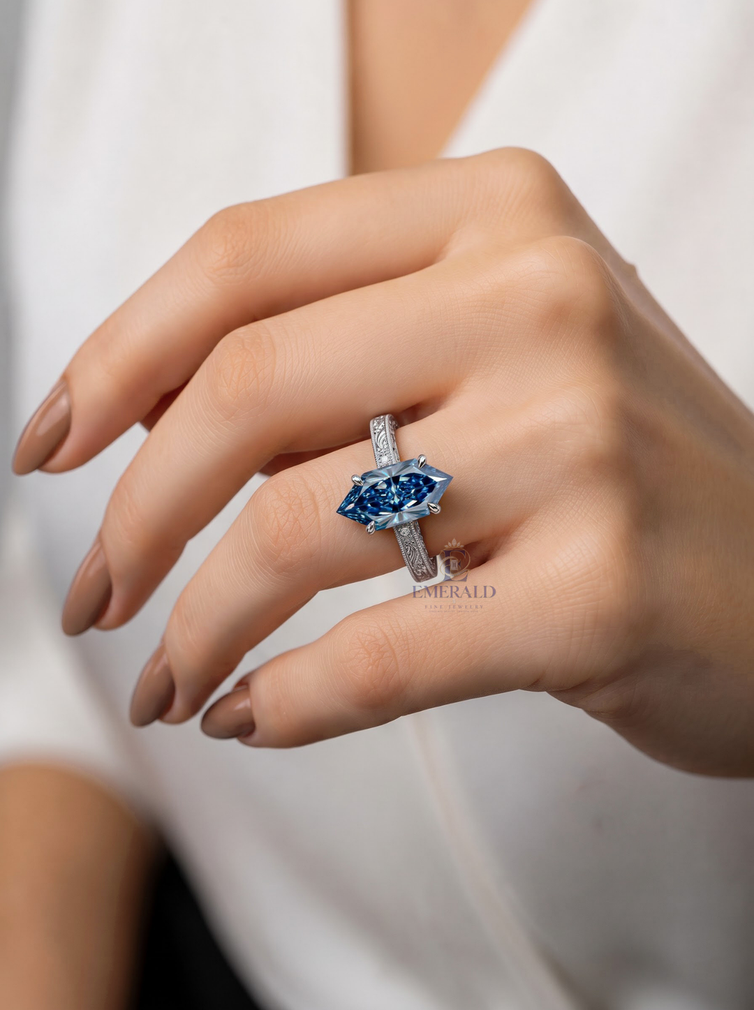 3.0CT Blue Hexagon Lab Grown Diamond Vintage Engraved Engagement Ring