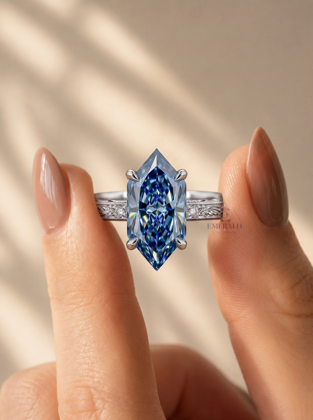 3.0CT Blue Hexagon Lab Grown Diamond Vintage Engraved Engagement Ring