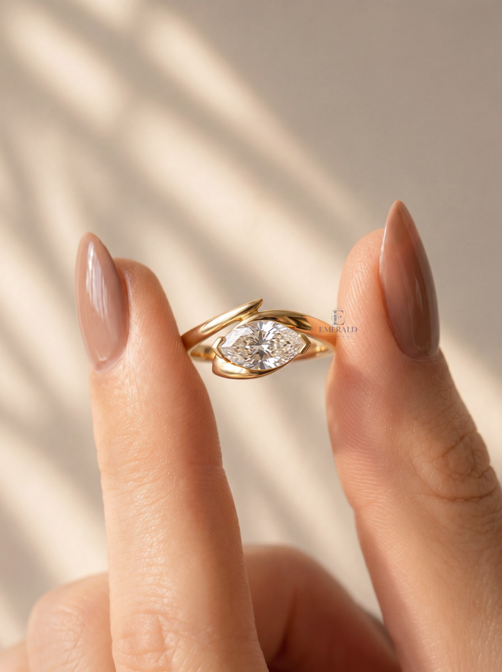 East West Marquise Cut Lab Grown Diamond Unique Bypass Engagement Ring