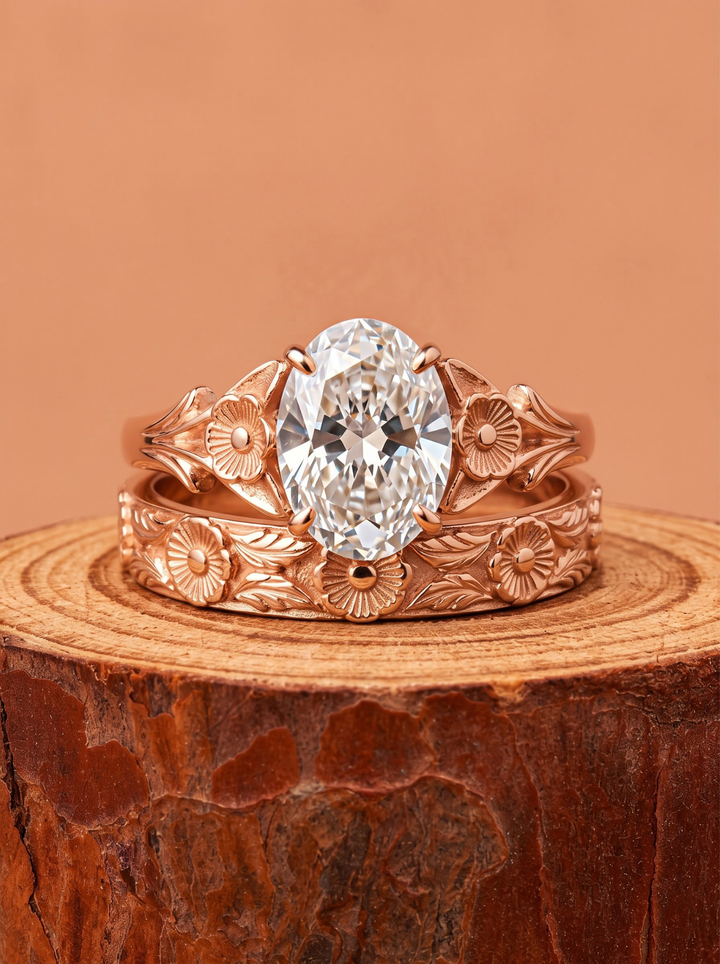 1.0CT to 3.0CT Oval Lab Grown Diamond Vintage Floral Engraved Bridal Ring Set