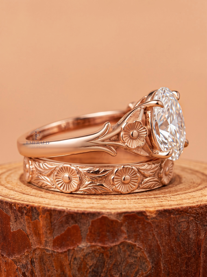 1.0CT to 3.0CT Oval Lab Grown Diamond Vintage Floral Engraved Bridal Ring Set