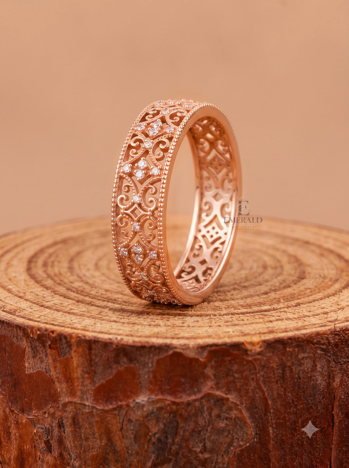 Vintage Filigree Diamond Eternity Milgrain Wedding Band For Her