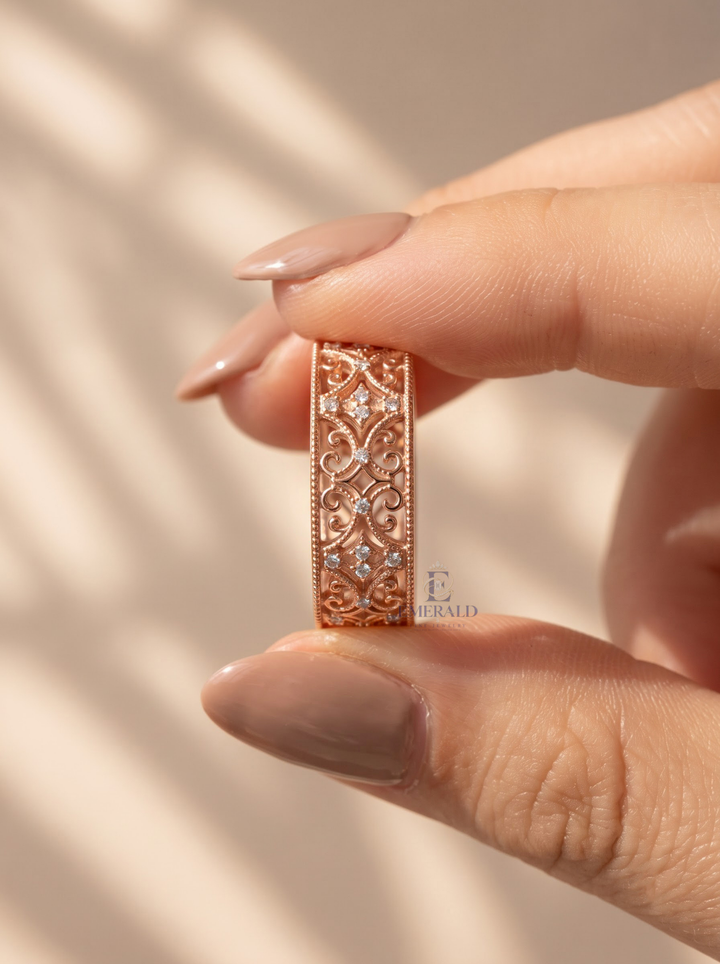 Vintage Filigree Diamond Eternity Milgrain Wedding Band For Her