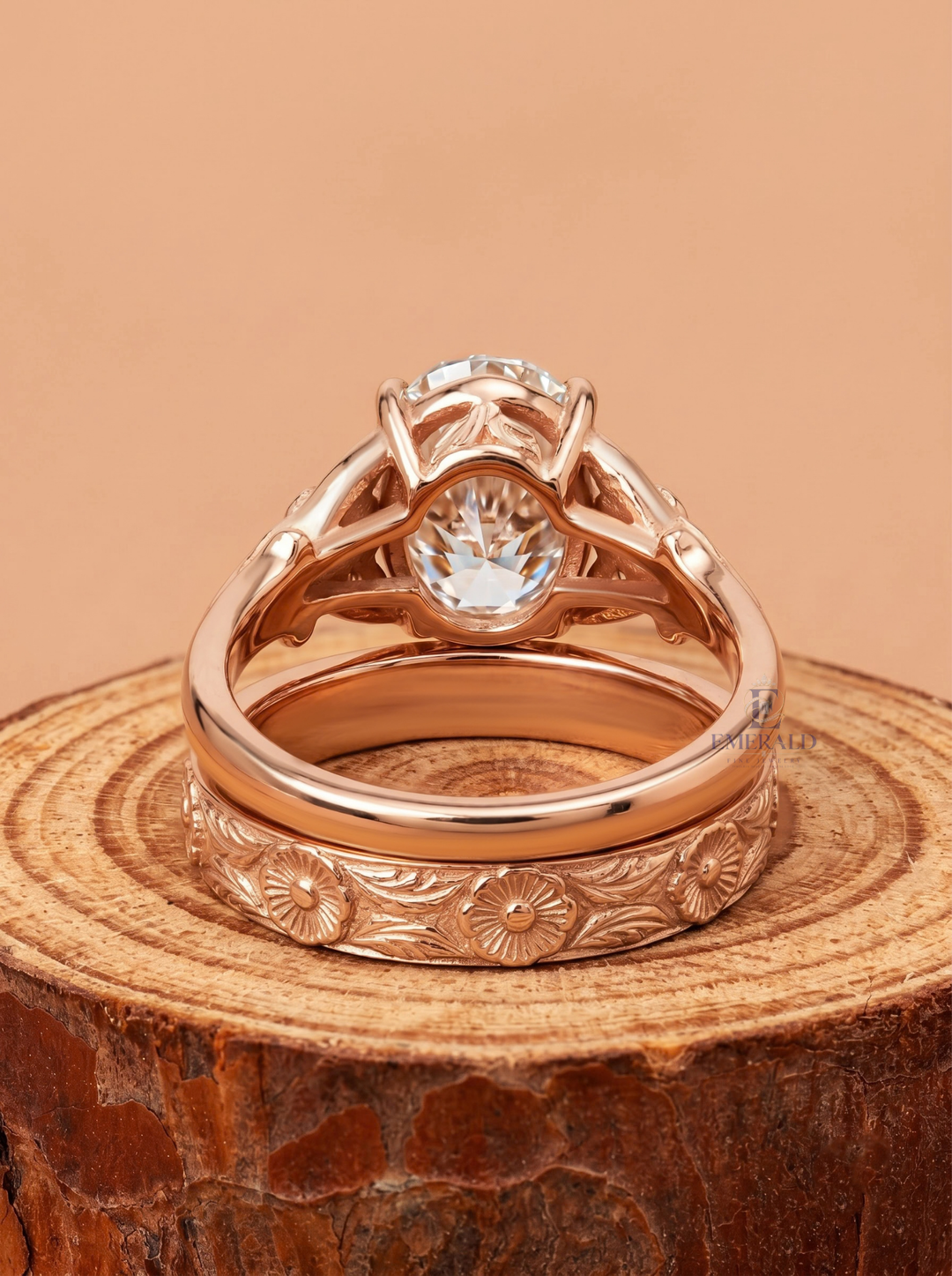 1.0CT to 3.0CT Oval Lab Grown Diamond Vintage Floral Engraved Bridal Ring Set