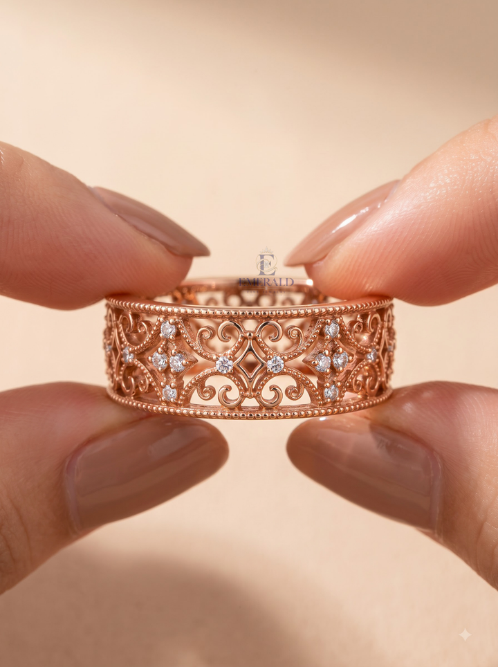 Vintage Filigree Diamond Eternity Milgrain Wedding Band For Her