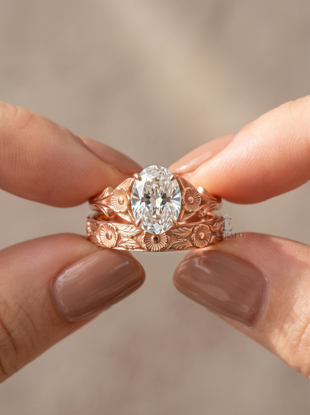 1.0CT to 3.0CT Oval Lab Grown Diamond Vintage Floral Engraved Bridal Ring Set
