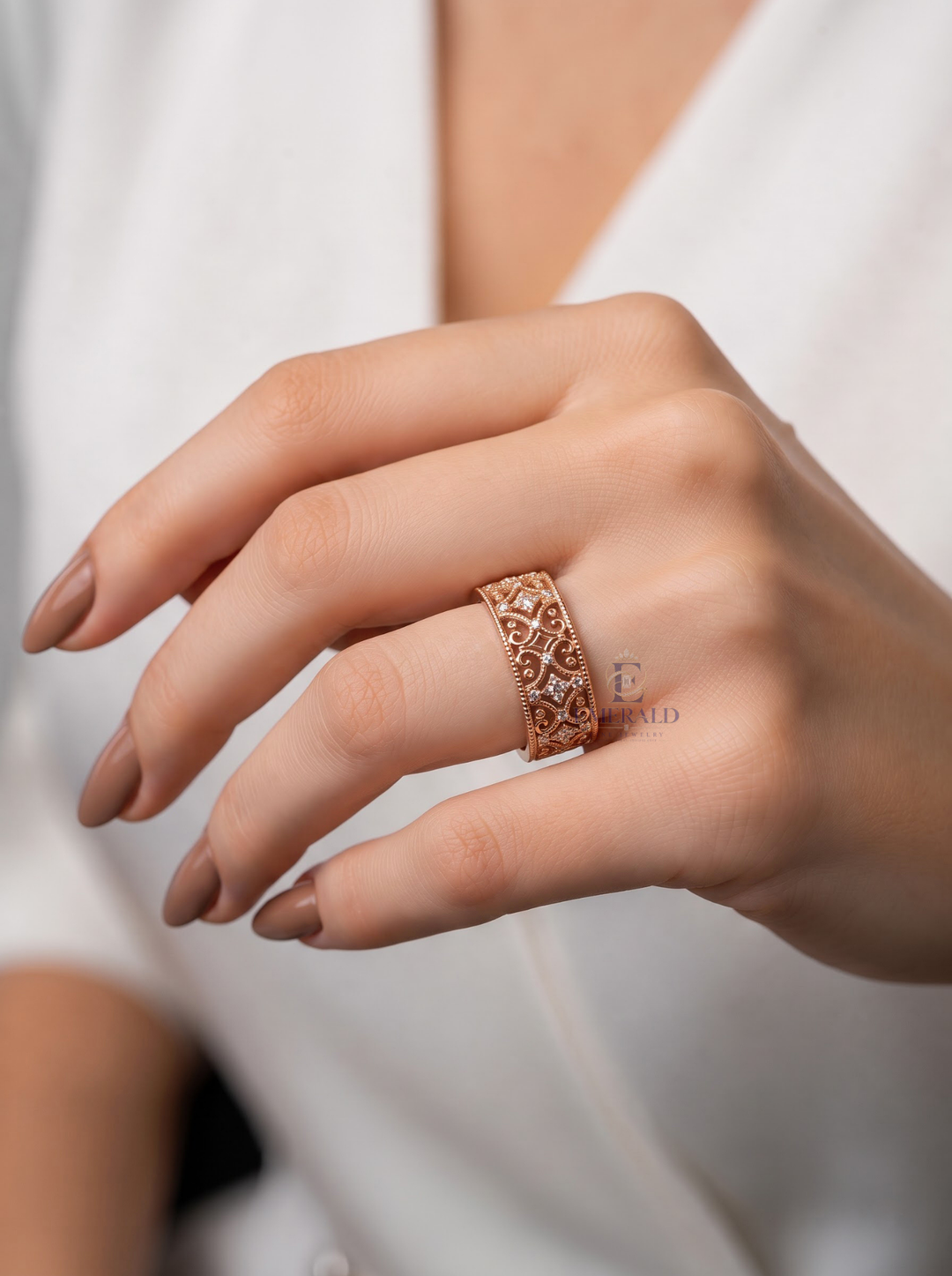 Vintage Filigree Diamond Eternity Milgrain Wedding Band For Her