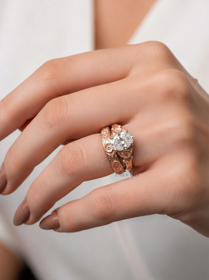1.0CT to 3.0CT Oval Lab Grown Diamond Vintage Floral Engraved Bridal Ring Set