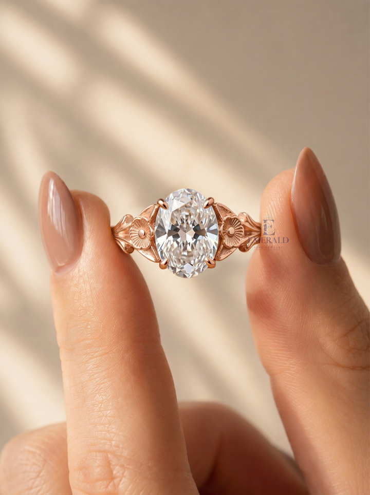 1.0CT to 3.0CT Oval Lab Grown Diamond Vintage Floral Engraved Bridal Ring Set