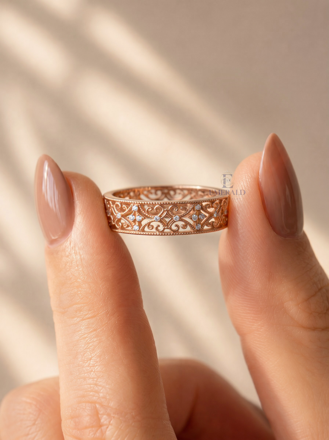 Vintage Filigree Diamond Eternity Milgrain Wedding Band For Her
