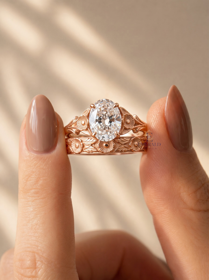 1.0CT to 3.0CT Oval Lab Grown Diamond Vintage Floral Engraved Bridal Ring Set