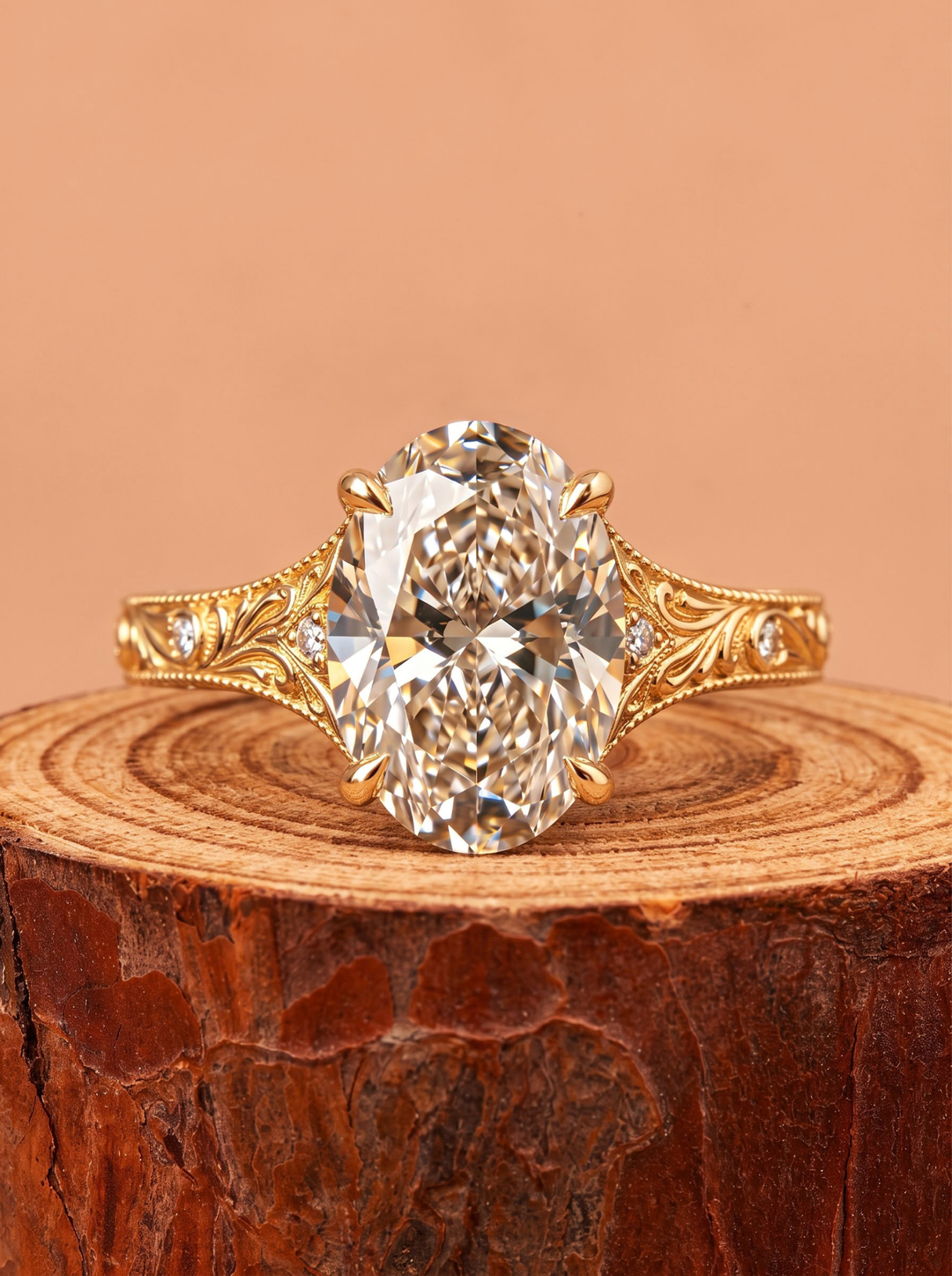 1.0CT to 3.0CT Oval Lab Grown Diamond Vintage Floral Engraved Milgrain Engagement Ring