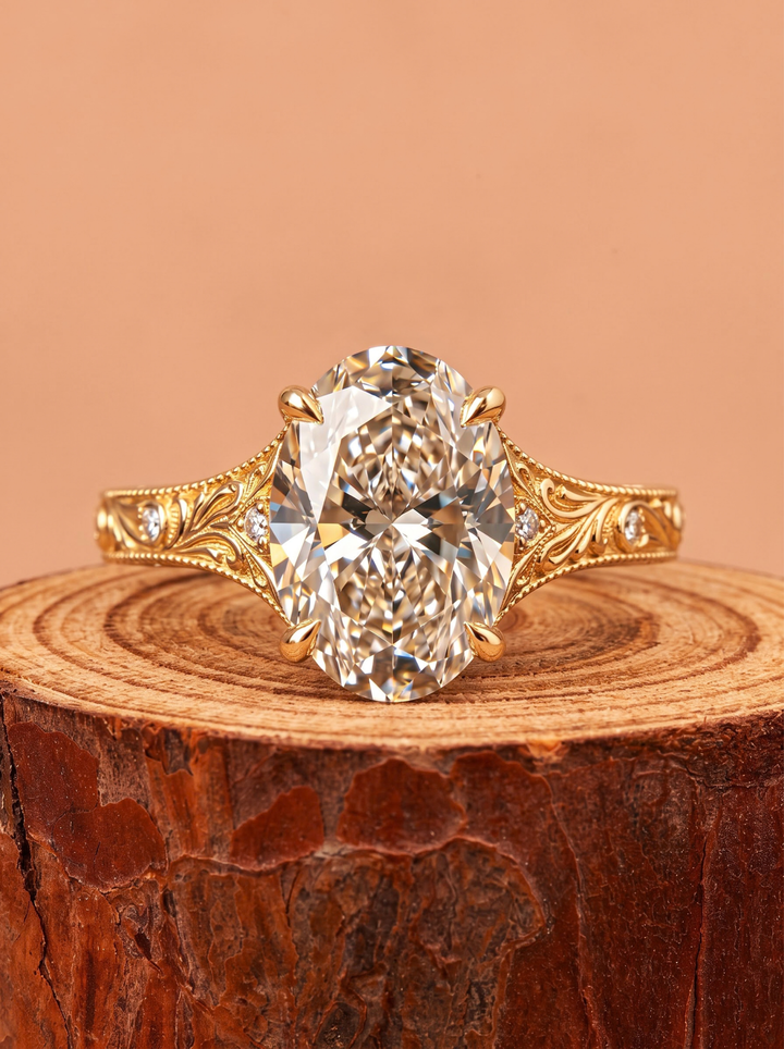 1.0CT to 3.0CT Oval Lab Grown Diamond Vintage Floral Engraved Milgrain Engagement Ring