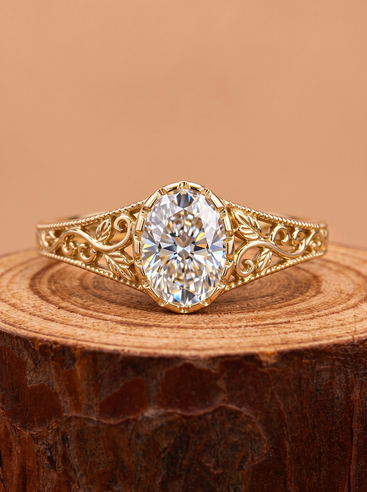 2.0CT Oval Cut Lab Grown Diamond Vintage Filigree Milgrain Halo Engagement Ring