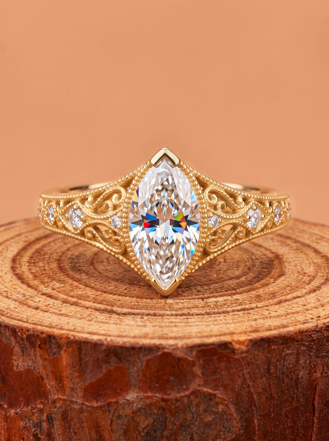 3.0CT Marquise Lab Grown Diamond Vintage Filigree Bezel Set Engagement Ring
