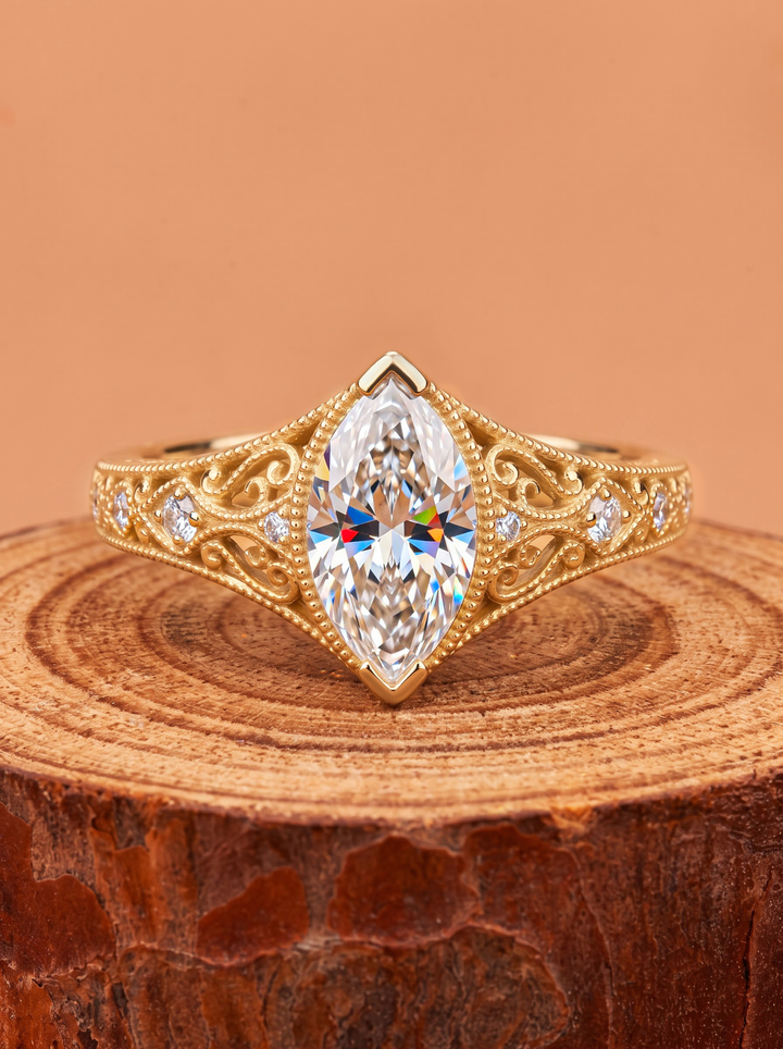 3.0CT Marquise Lab Grown Diamond Vintage Filigree Bezel Set Engagement Ring