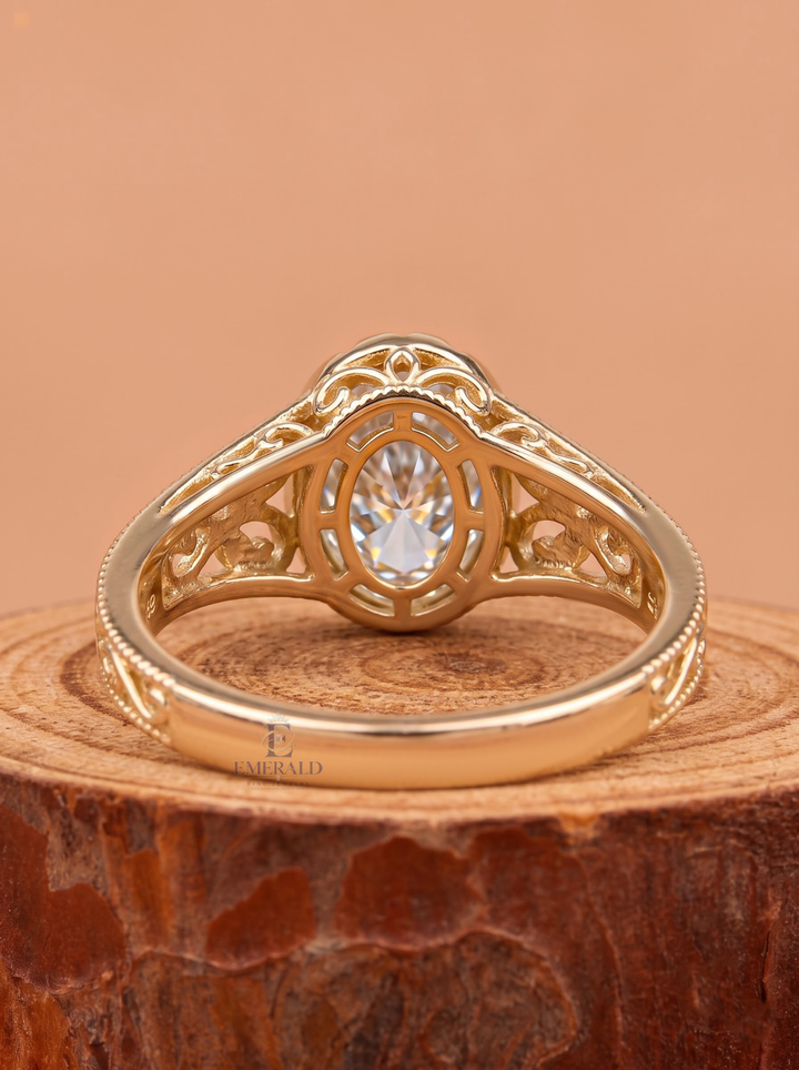2.0CT Oval Cut Lab Grown Diamond Vintage Filigree Milgrain Halo Engagement Ring
