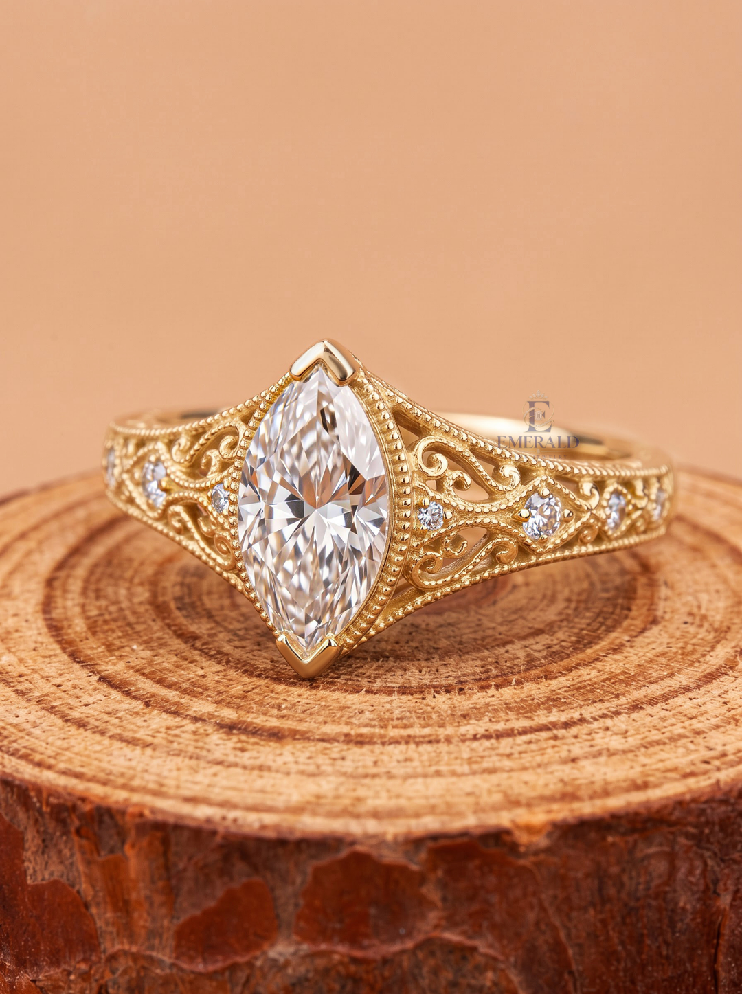 3.0CT Marquise Lab Grown Diamond Vintage Filigree Bezel Set Engagement Ring
