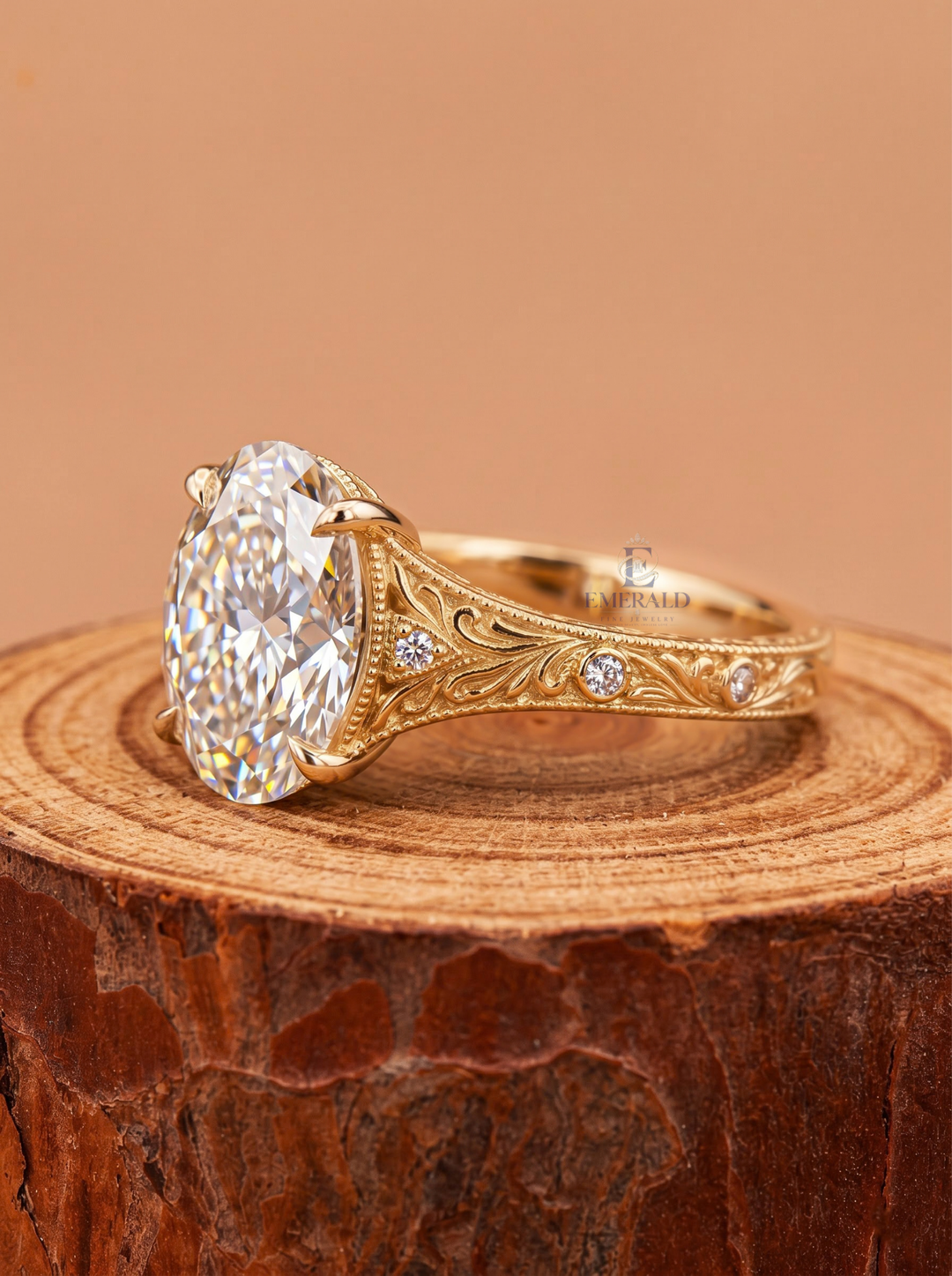 1.0CT to 3.0CT Oval Lab Grown Diamond Vintage Floral Engraved Milgrain Engagement Ring