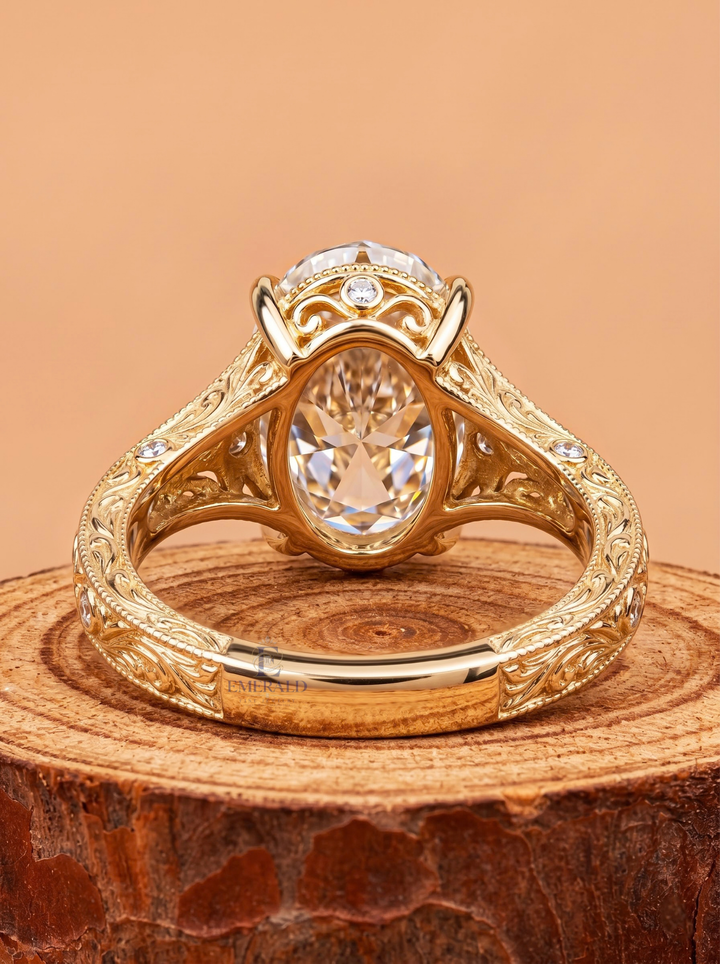 1.0CT to 3.0CT Oval Lab Grown Diamond Vintage Floral Engraved Milgrain Engagement Ring