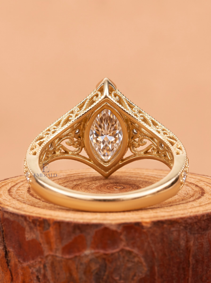 3.0CT Marquise Lab Grown Diamond Vintage Filigree Bezel Set Engagement Ring