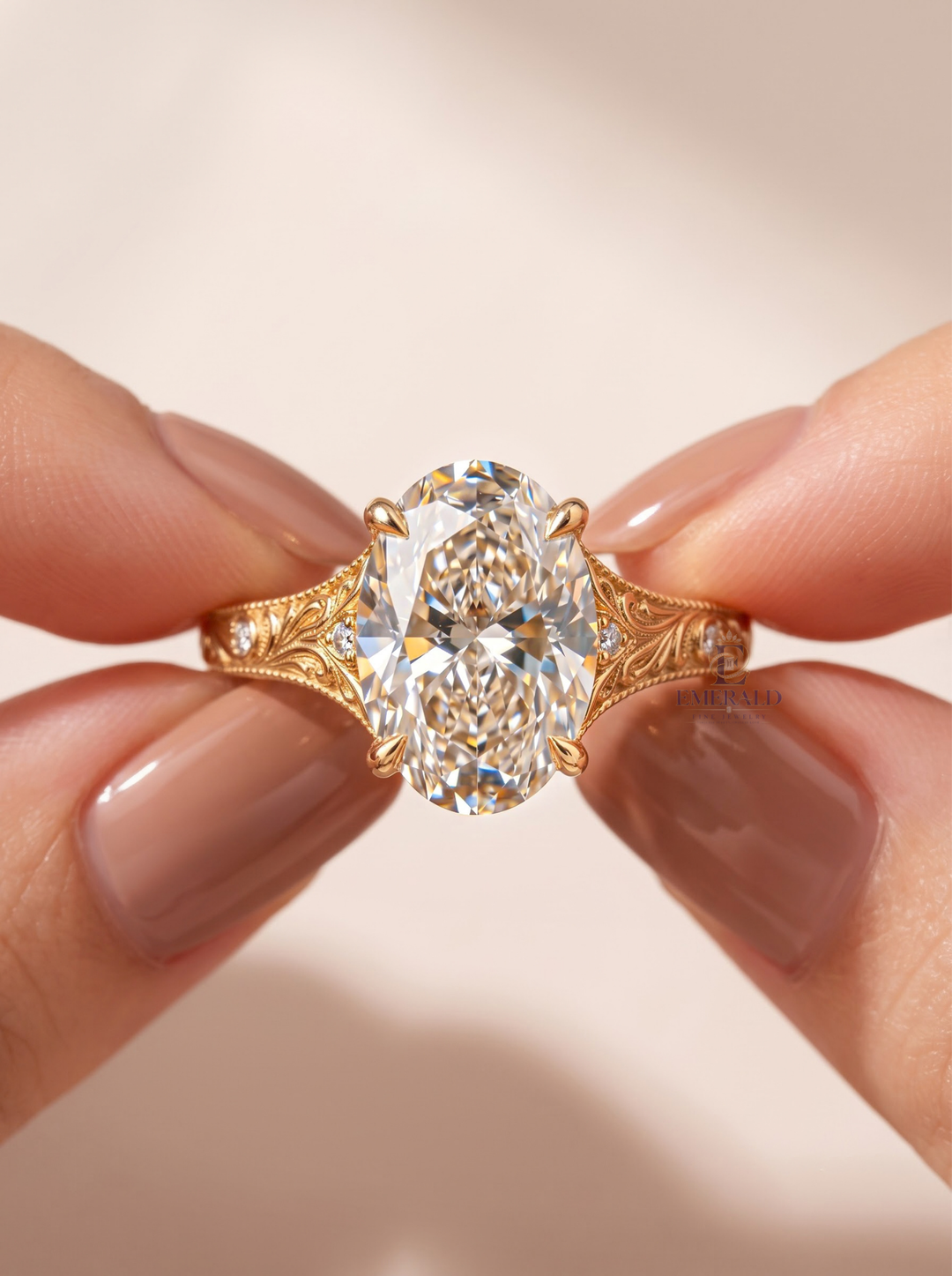 1.0CT to 3.0CT Oval Lab Grown Diamond Vintage Floral Engraved Milgrain Engagement Ring