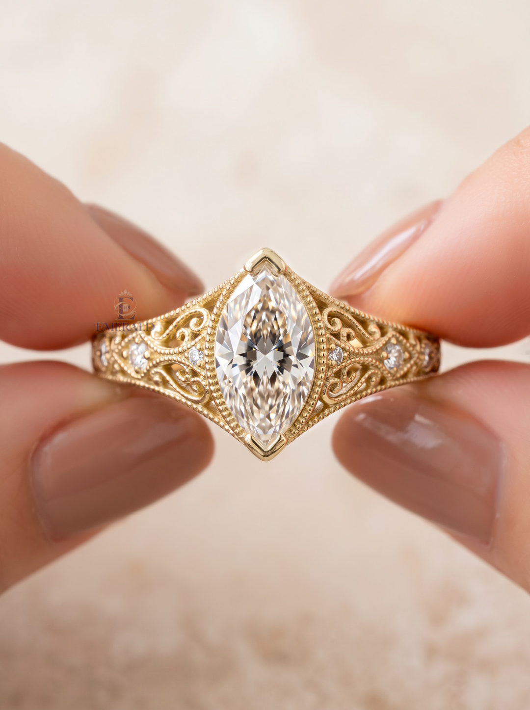 3.0CT Marquise Lab Grown Diamond Vintage Filigree Bezel Set Engagement Ring