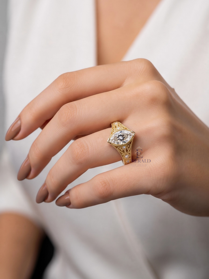 3.0CT Marquise Lab Grown Diamond Vintage Filigree Bezel Set Engagement Ring