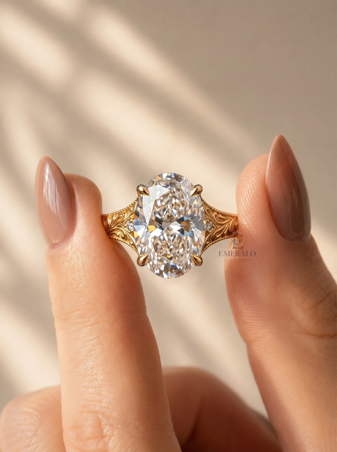 1.0CT to 3.0CT Oval Lab Grown Diamond Vintage Floral Engraved Milgrain Engagement Ring