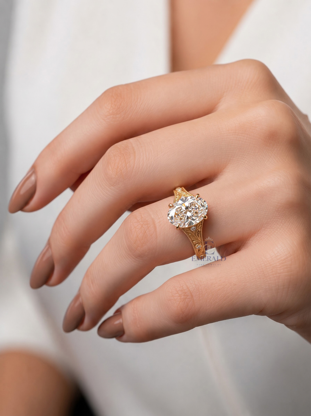 1.0CT to 3.0CT Oval Lab Grown Diamond Vintage Floral Engraved Milgrain Engagement Ring