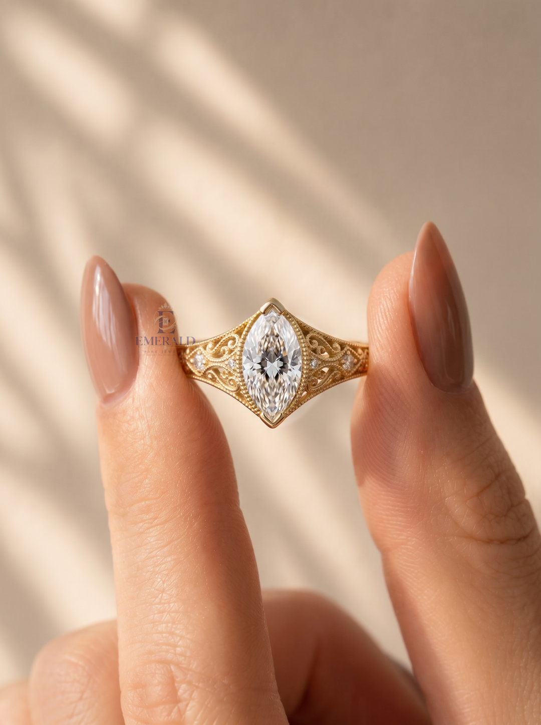 3.0CT Marquise Lab Grown Diamond Vintage Filigree Bezel Set Engagement Ring