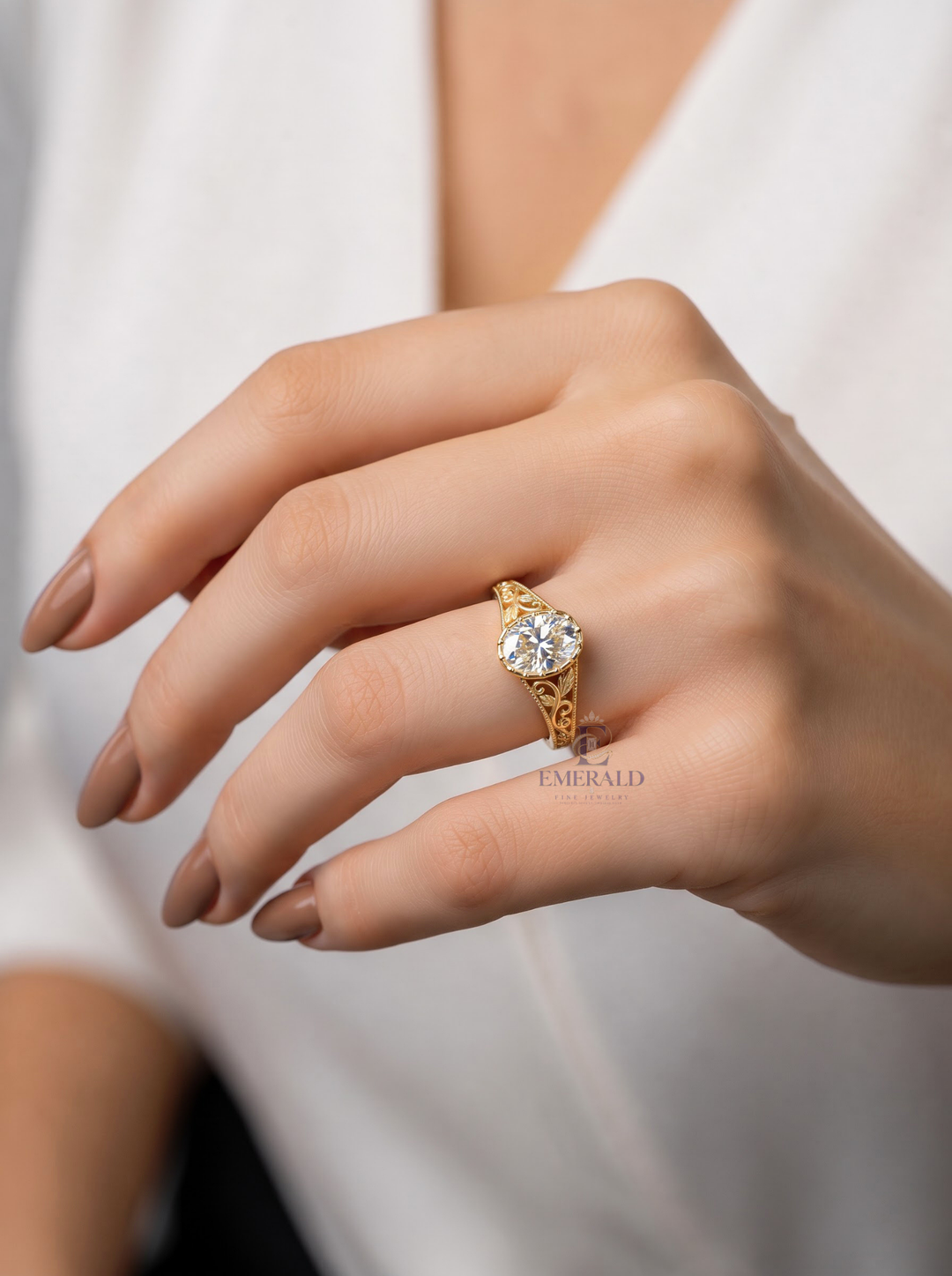 2.0CT Oval Cut Lab Grown Diamond Vintage Filigree Milgrain Halo Engagement Ring
