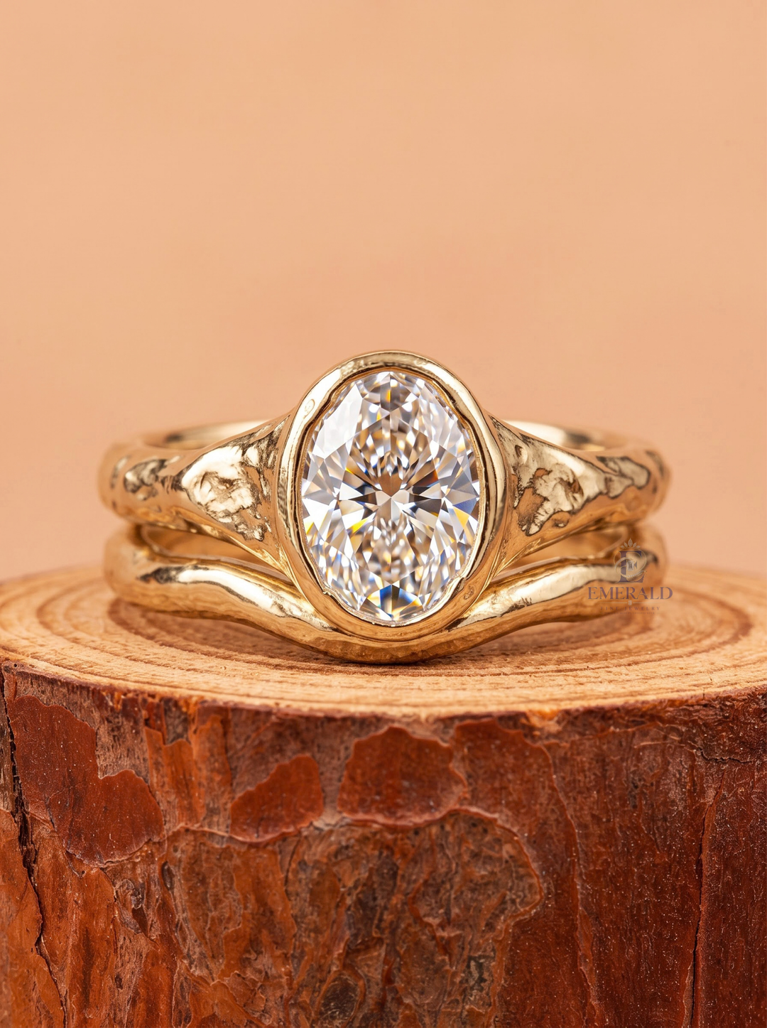1.0CT to 3.0CT Oval Lab Grown Diamond  Bezel Textured Gold Bridal Wedding Ring Set