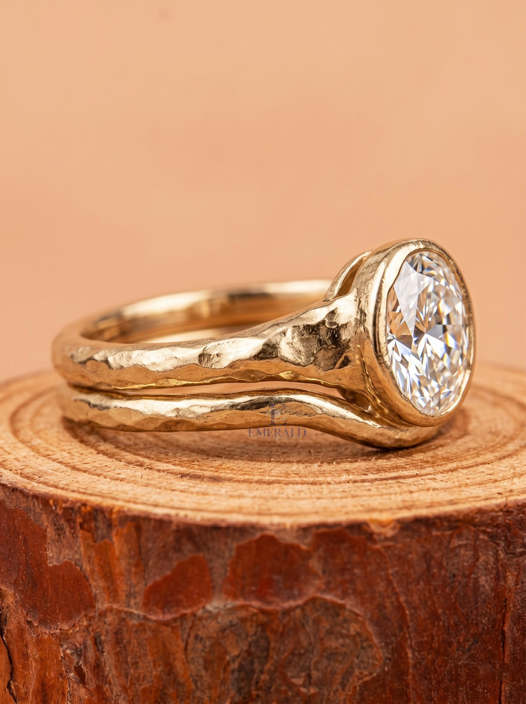 1.0CT to 3.0CT Oval Lab Grown Diamond  Bezel Textured Gold Bridal Wedding Ring Set