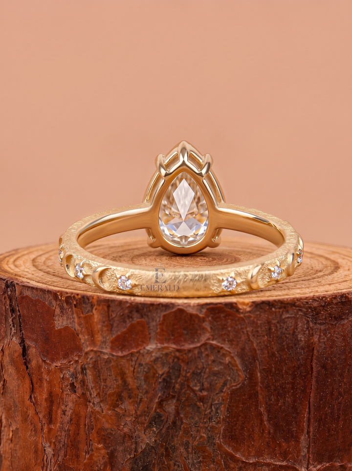 2.0CT Pear Lab Grown Diamond Celestial Moon Star Engagement Ring