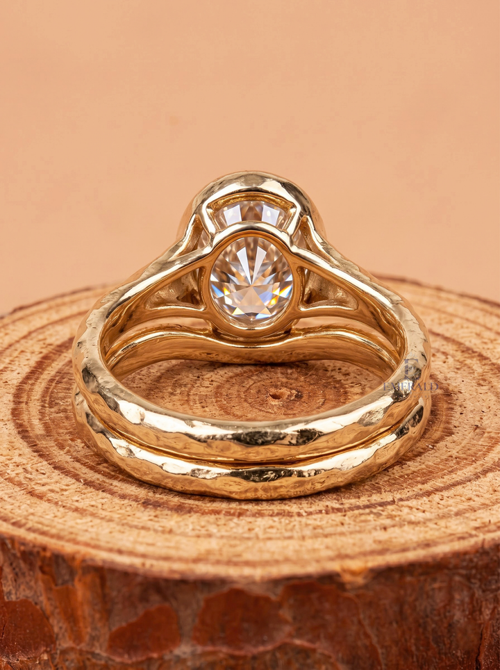 1.0CT to 3.0CT Oval Lab Grown Diamond  Bezel Textured Gold Bridal Wedding Ring Set