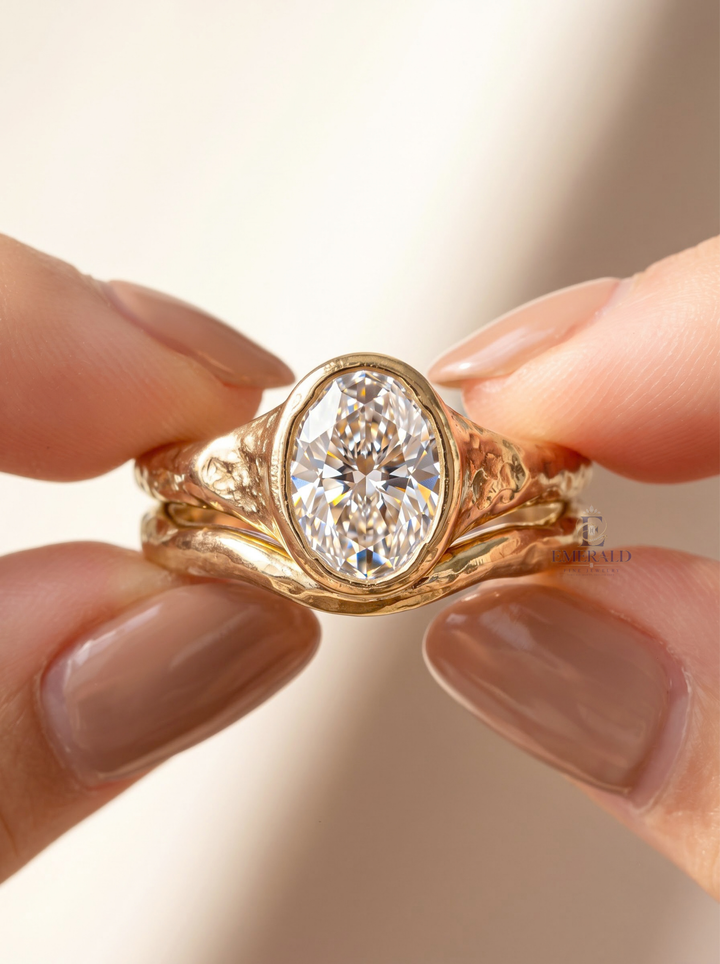 1.0CT to 3.0CT Oval Lab Grown Diamond  Bezel Textured Gold Bridal Wedding Ring Set