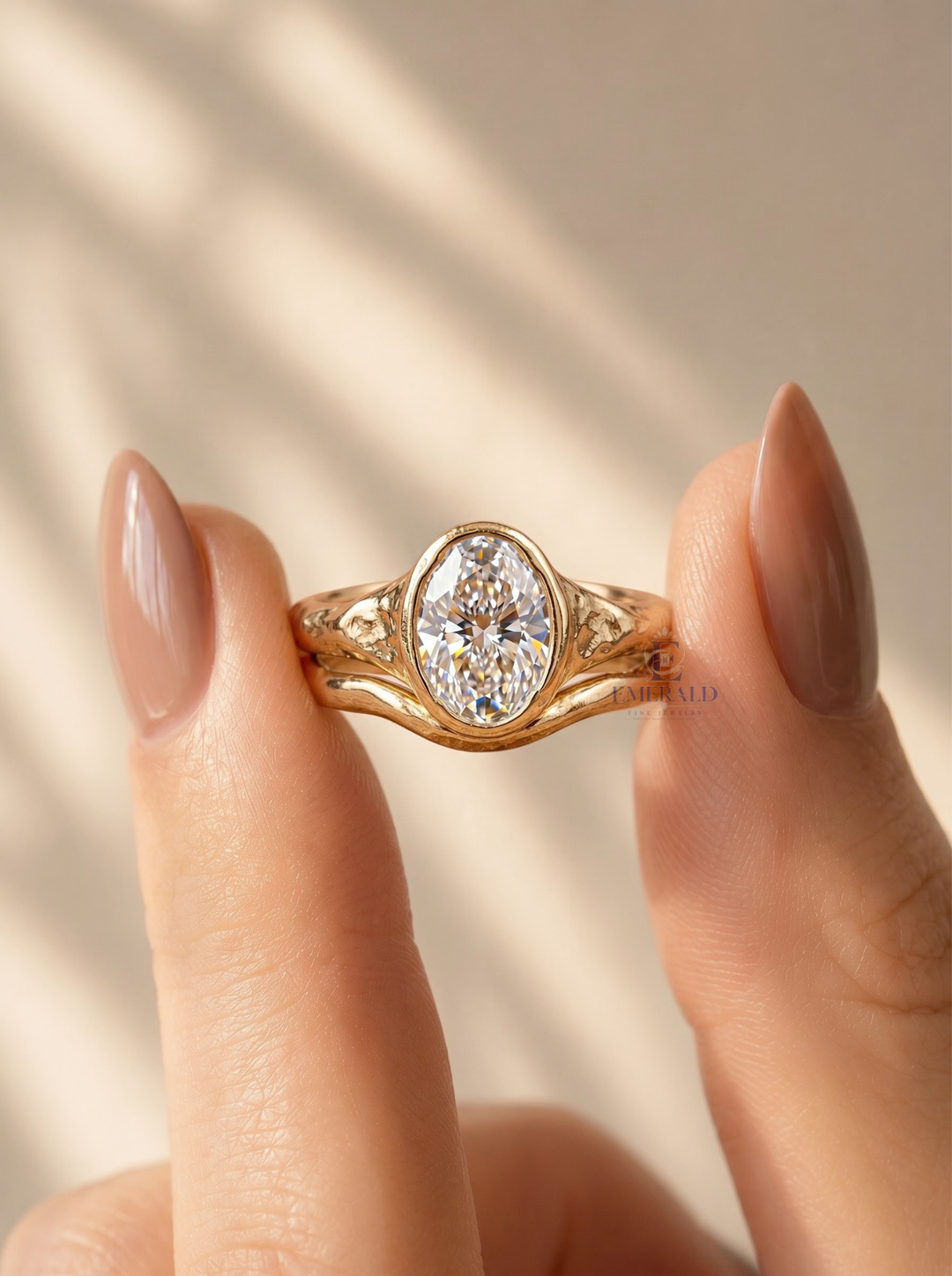 1.0CT to 3.0CT Oval Lab Grown Diamond  Bezel Textured Gold Bridal Wedding Ring Set