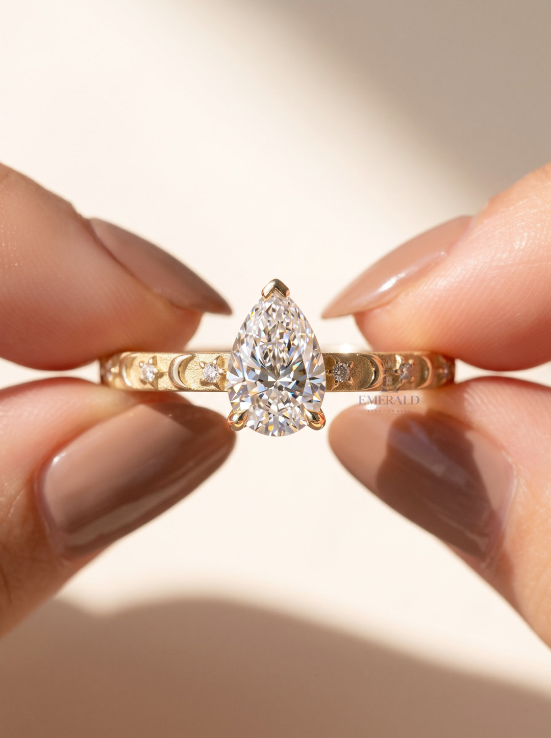 2.0CT Pear Lab Grown Diamond Celestial Moon Star Engagement Ring