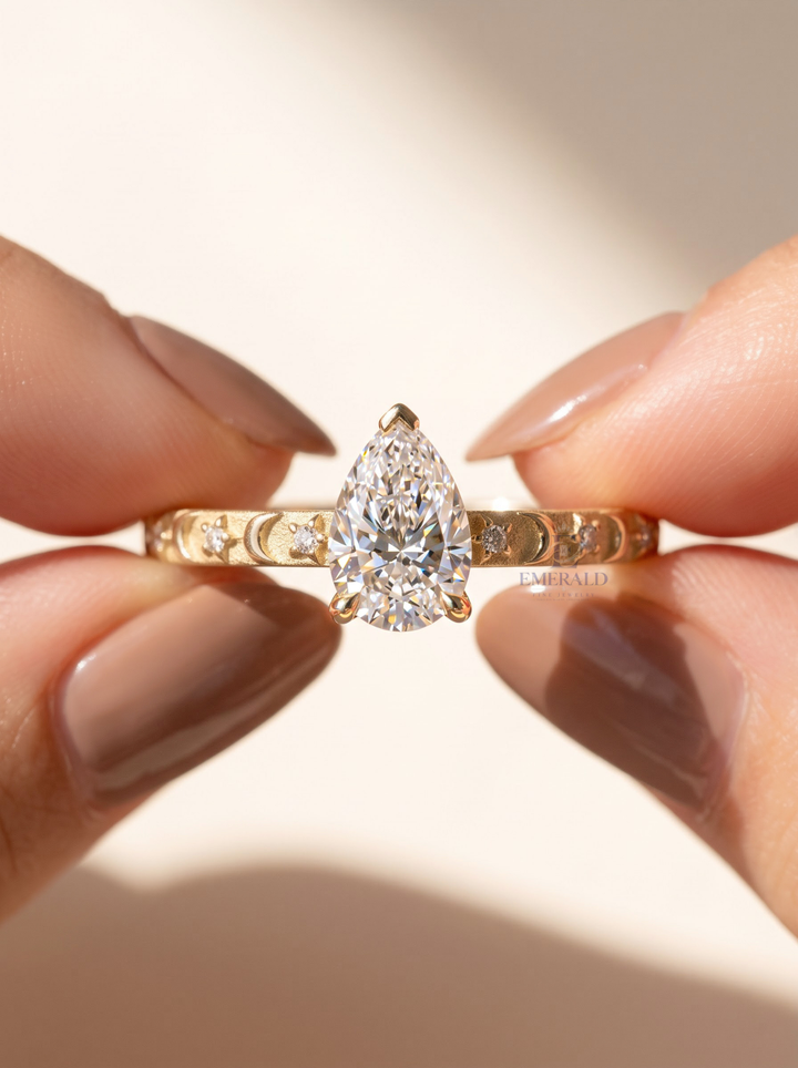2.0CT Pear Lab Grown Diamond Celestial Moon Star Engagement Ring