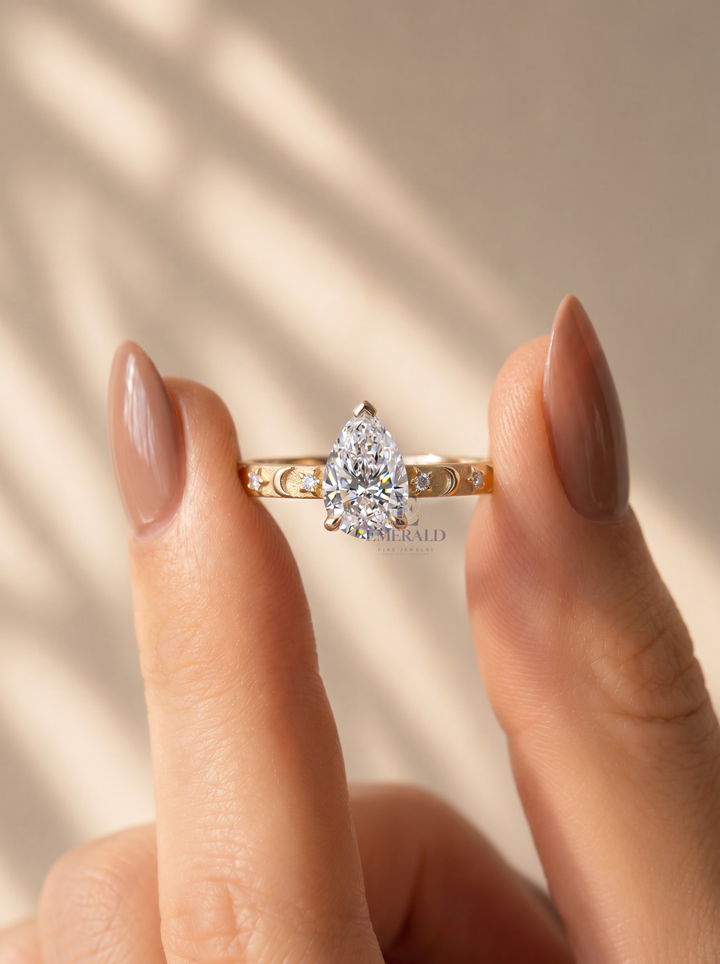 2.0CT Pear Lab Grown Diamond Celestial Moon Star Engagement Ring