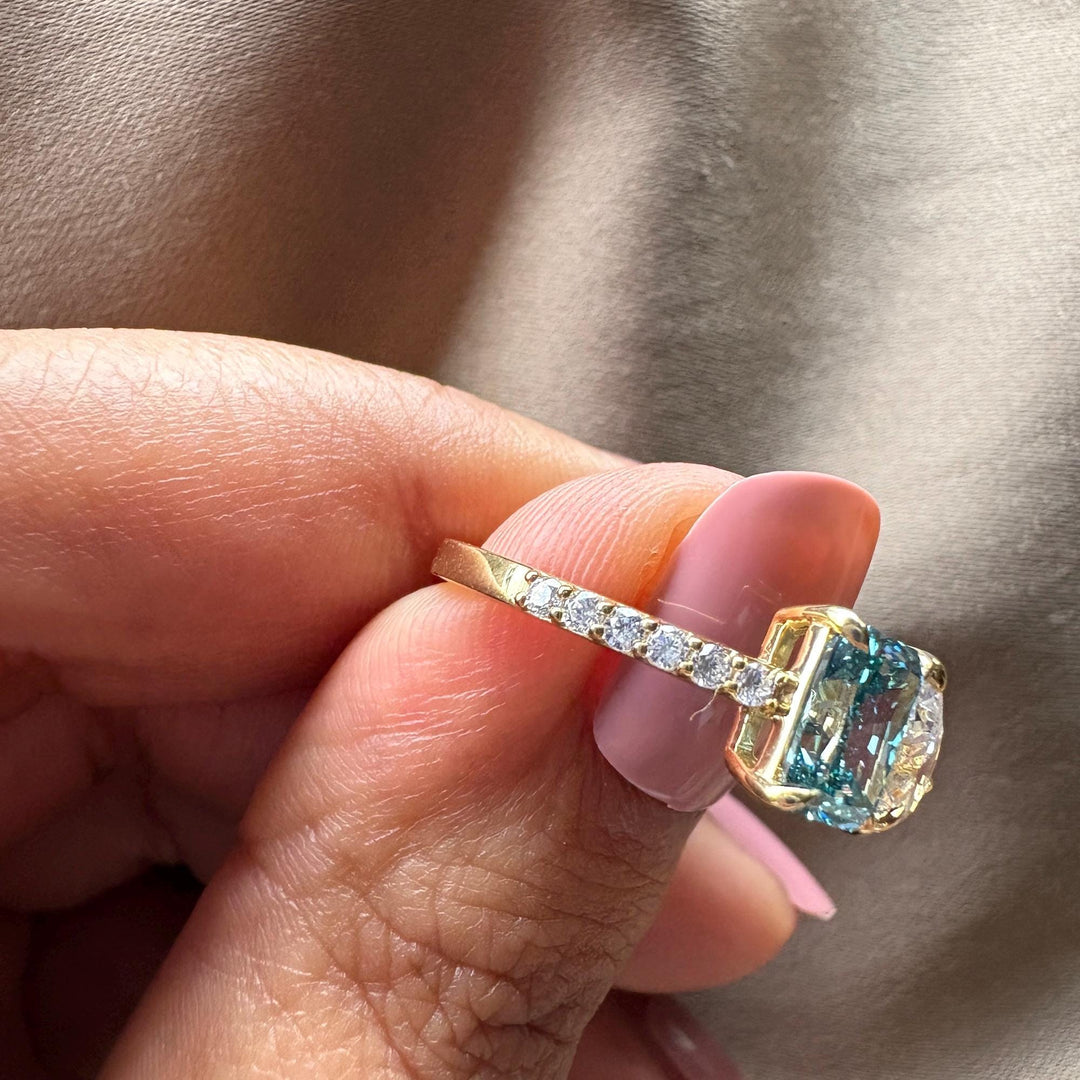 platinum two stone ring, blue radiant and white pear, fancy vivid blue diamond, vvs1 lab diamond, high quality lab diamond, modern bypass setting, unique bridal jewelry.